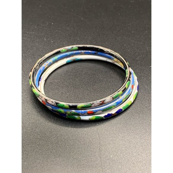 Cloisonne bracelets set of 3 enameled bangles white black and blue - Picture 4 of 4